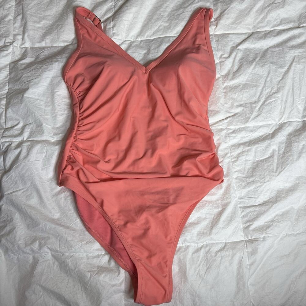 Kona Sol V-Neck One Piece Swimsuit Peach Orange Tummy Control High Leg 18W Plus